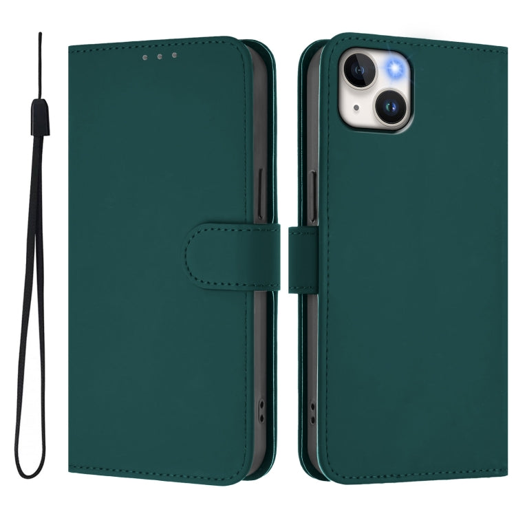 For iPhone 14 Plus Skin Feel Solid Color Leather Phone Case with Lanyard