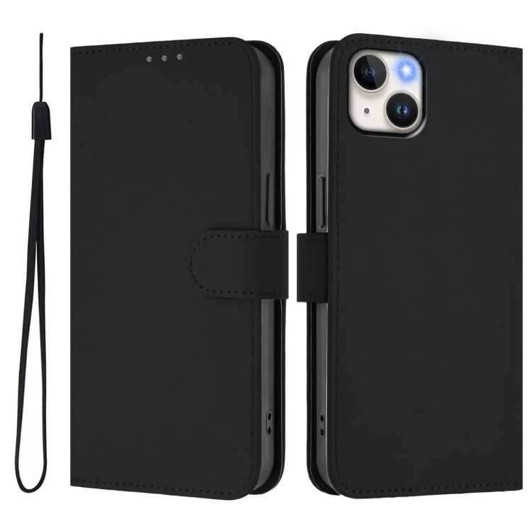 For iPhone 14 Plus Skin Feel Solid Color Leather Phone Case with Lanyard