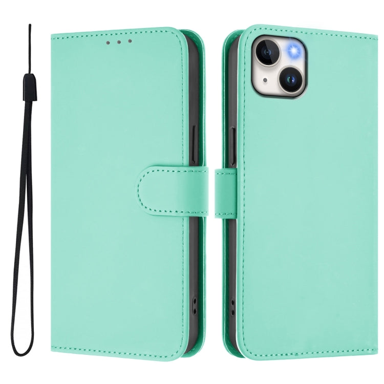 For iPhone 14 Plus Skin Feel Solid Color Leather Phone Case with Lanyard