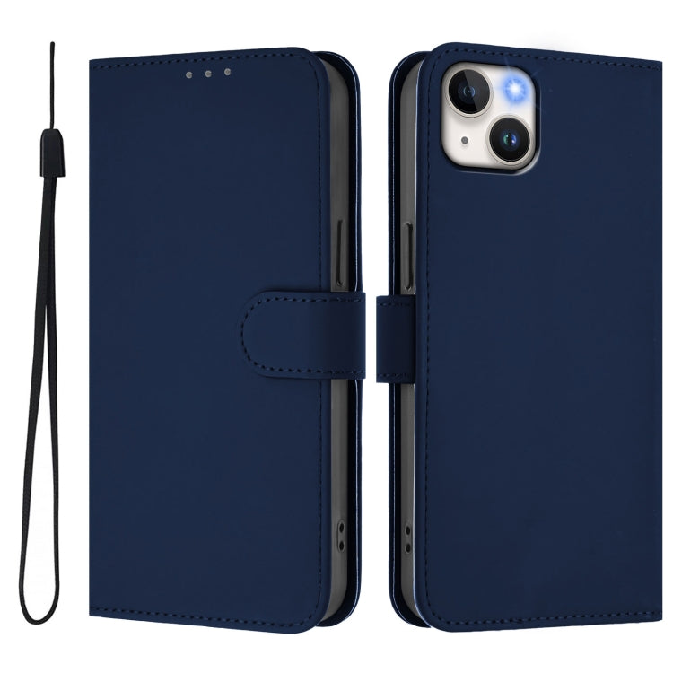For iPhone 14 Plus Skin Feel Solid Color Leather Phone Case with Lanyard