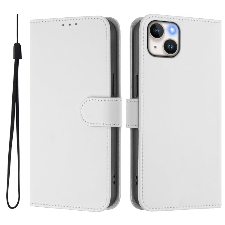 For iPhone 14 Plus Skin Feel Solid Color Leather Phone Case with Lanyard