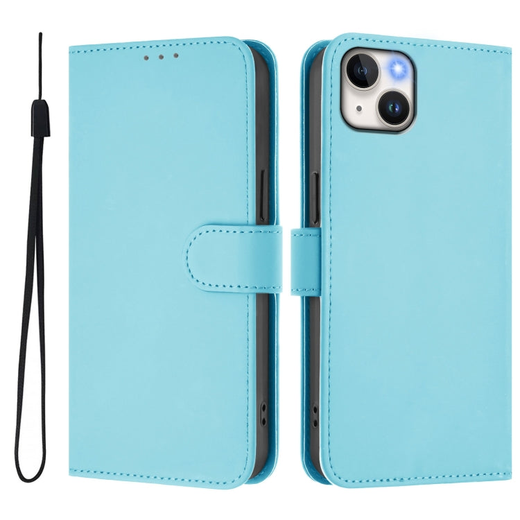 For iPhone 14 Plus Skin Feel Solid Color Leather Phone Case with Lanyard