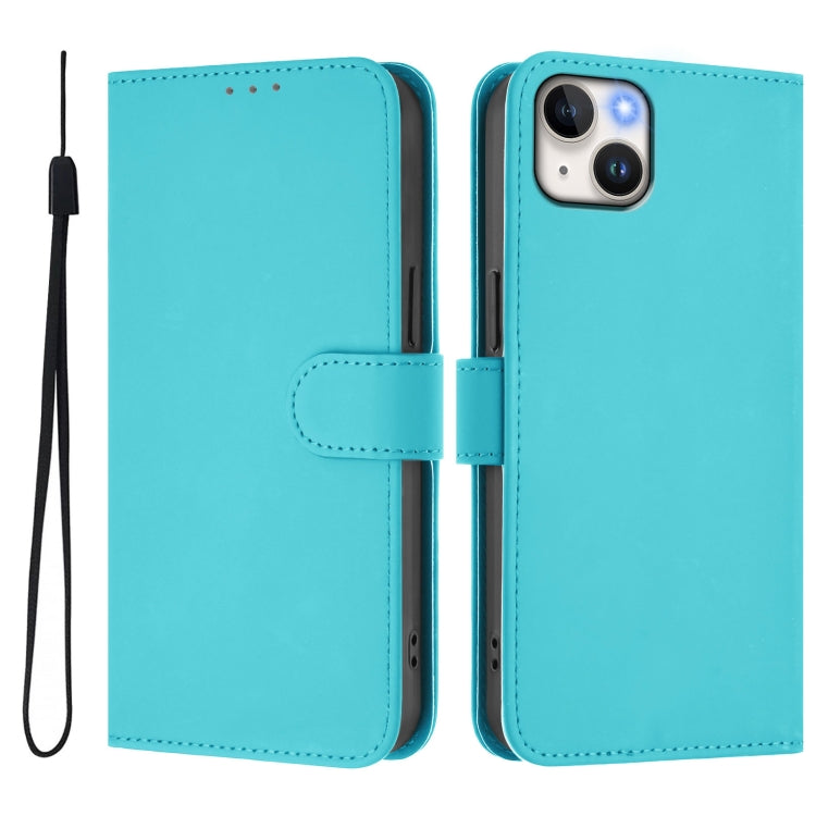 For iPhone 14 Plus Skin Feel Solid Color Leather Phone Case with Lanyard