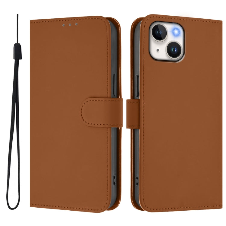 For iPhone 14 / 13 Skin Feel Solid Color Leather Phone Case with Lanyard