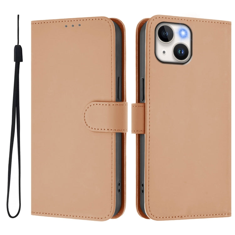 For iPhone 14 / 13 Skin Feel Solid Color Leather Phone Case with Lanyard