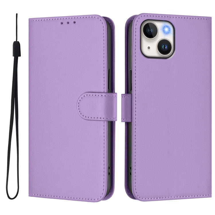 For iPhone 14 / 13 Skin Feel Solid Color Leather Phone Case with Lanyard