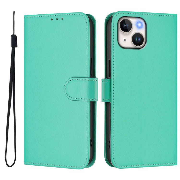 For iPhone 14 / 13 Skin Feel Solid Color Leather Phone Case with Lanyard
