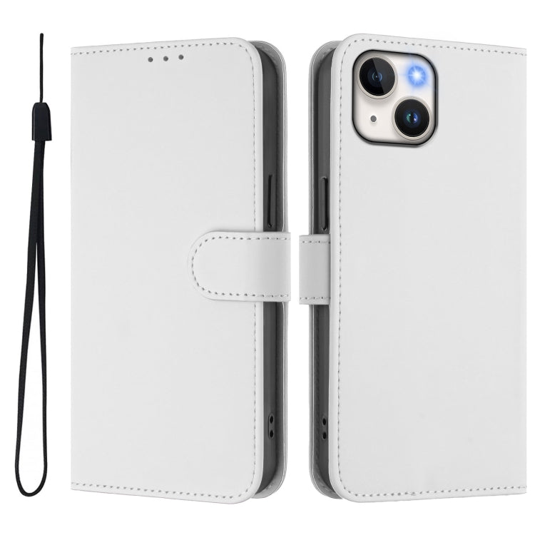 For iPhone 14 / 13 Skin Feel Solid Color Leather Phone Case with Lanyard