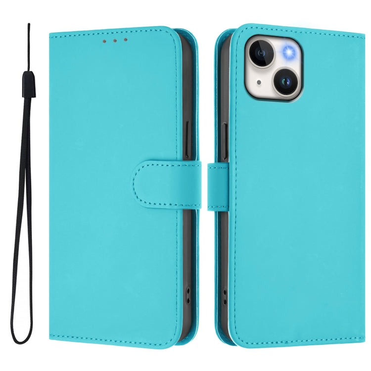 For iPhone 14 / 13 Skin Feel Solid Color Leather Phone Case with Lanyard