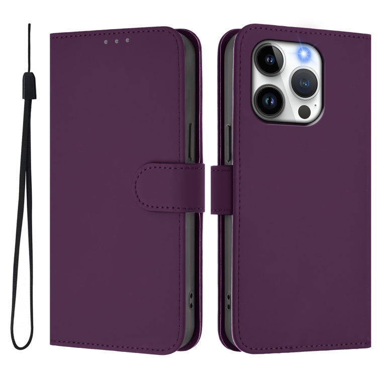 For iPhone 14 Pro Skin Feel Solid Color Leather Phone Case with Lanyard