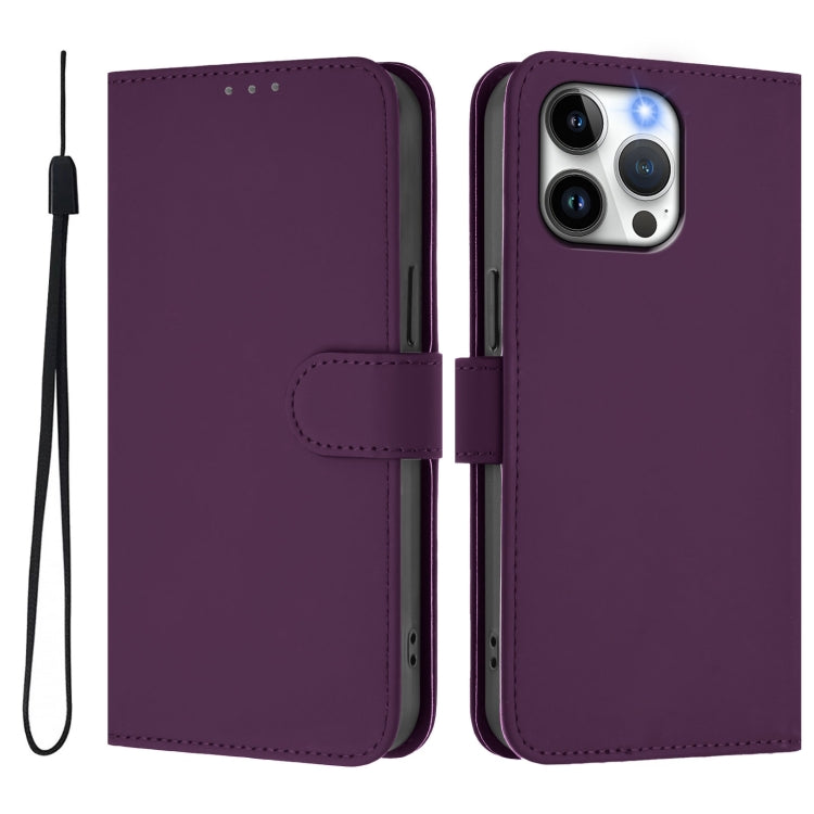 For iPhone 14 Pro Max Skin Feel Solid Color Leather Phone Case with Lanyard