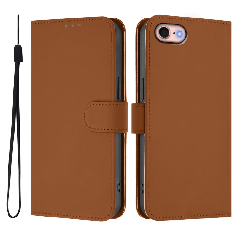 For iPhone SE 2022 / 2020 Skin Feel Solid Color Leather Phone Case with Lanyard