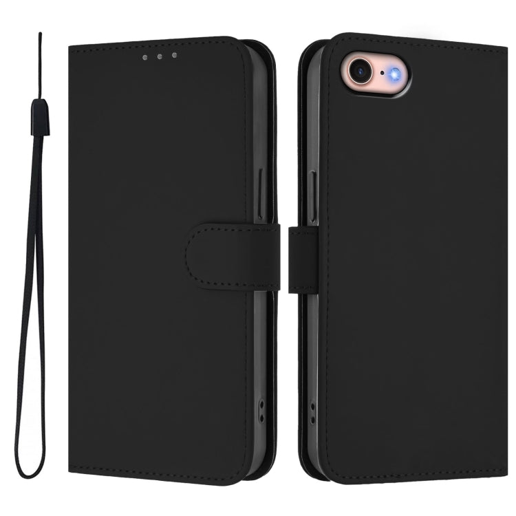 For iPhone SE 2022 / 2020 Skin Feel Solid Color Leather Phone Case with Lanyard