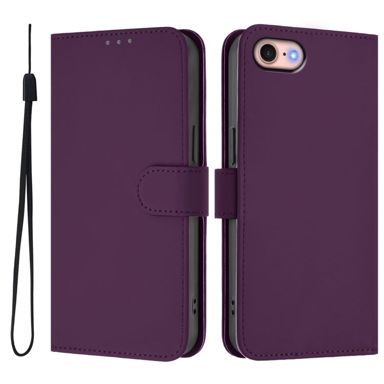 For iPhone SE 2022 / 2020 Skin Feel Solid Color Leather Phone Case with Lanyard