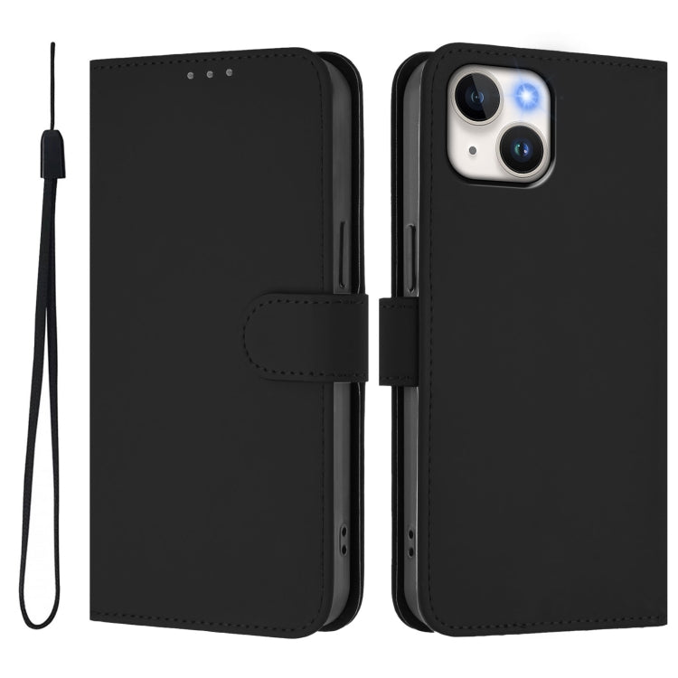 For iPhone 13 mini Skin Feel Solid Color Leather Phone Case with Lanyard