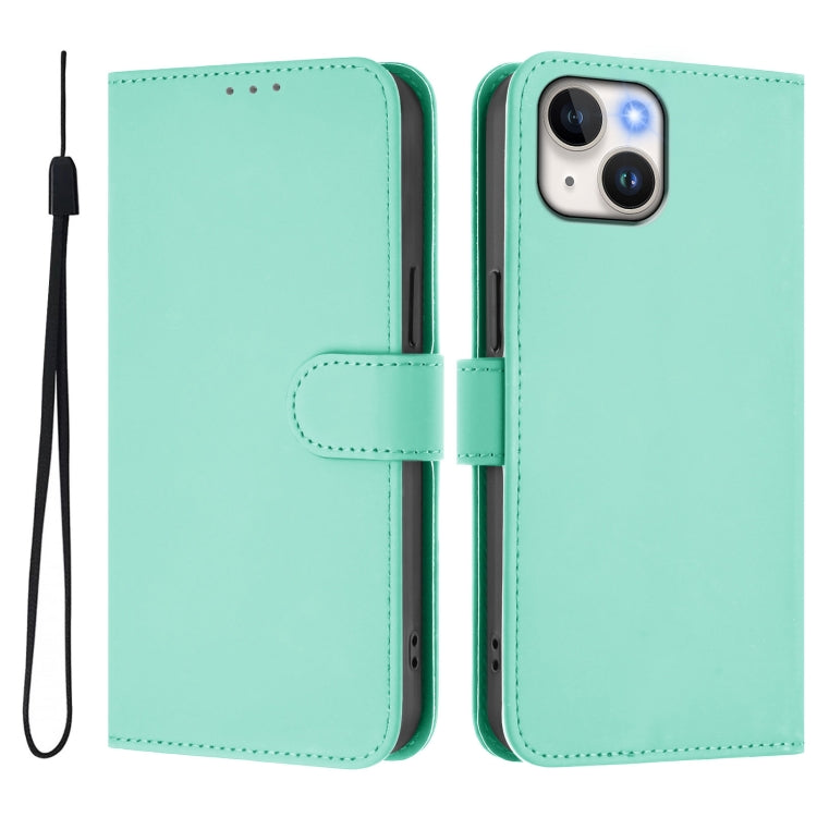 For iPhone 13 mini Skin Feel Solid Color Leather Phone Case with Lanyard