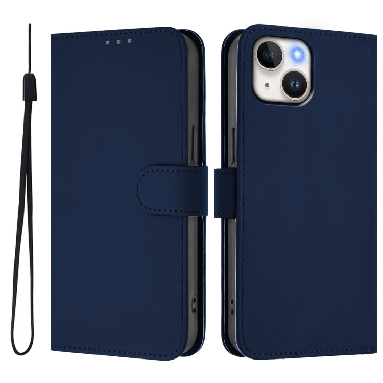 For iPhone 13 mini Skin Feel Solid Color Leather Phone Case with Lanyard