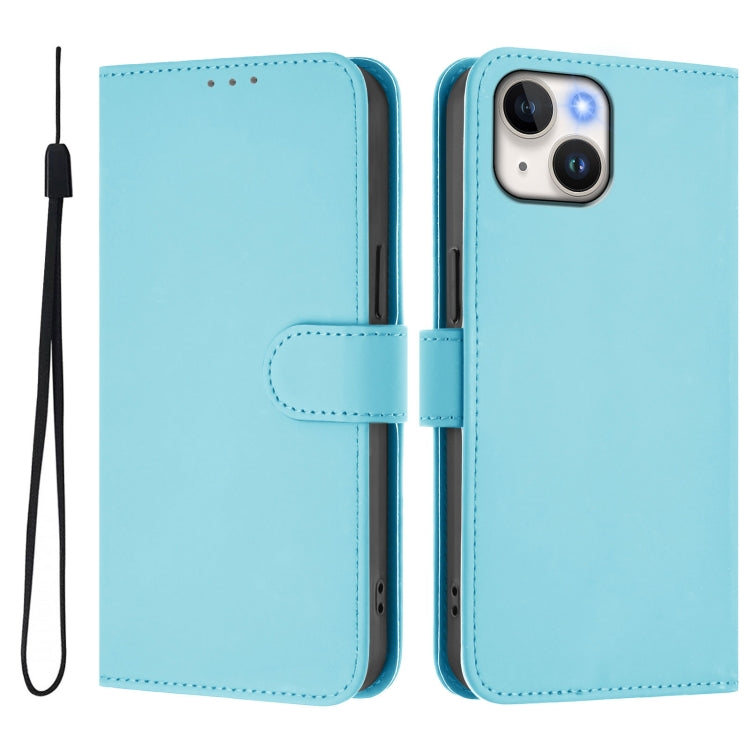 For iPhone 13 mini Skin Feel Solid Color Leather Phone Case with Lanyard
