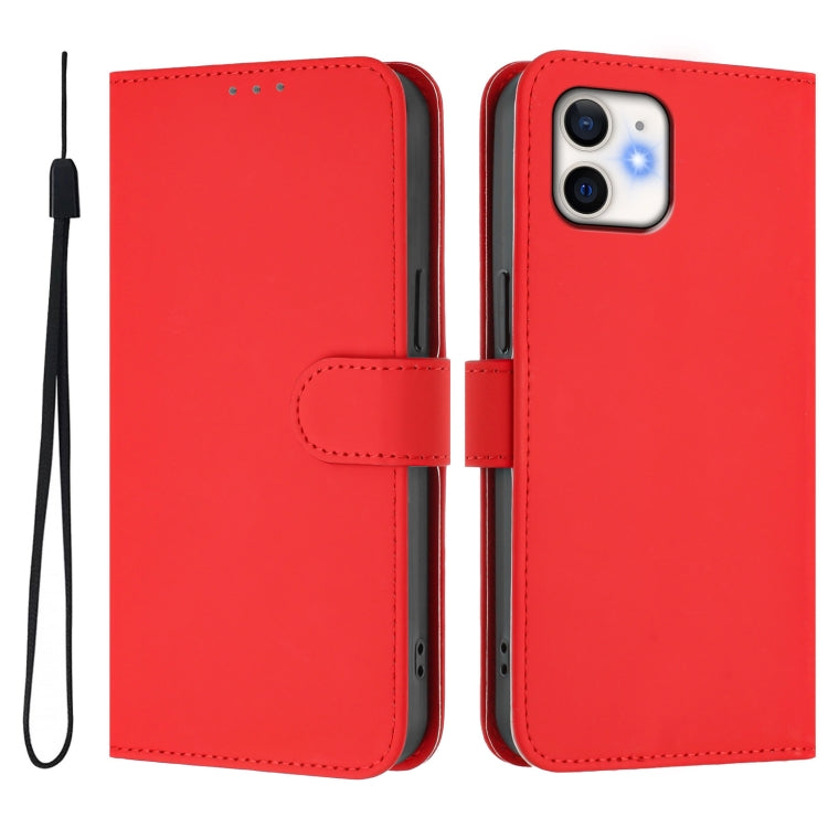 For iPhone 11 Skin Feel Solid Color Leather Phone Case with Lanyard