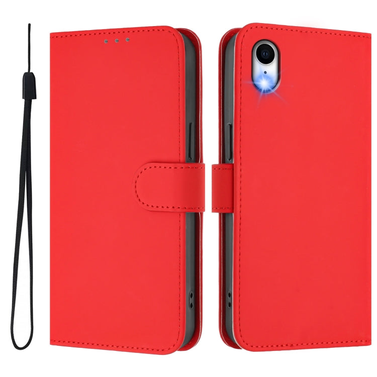For iPhone XR Skin Feel Solid Color Leather Phone Case with Lanyard
