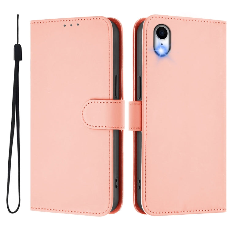 For iPhone XR Skin Feel Solid Color Leather Phone Case with Lanyard
