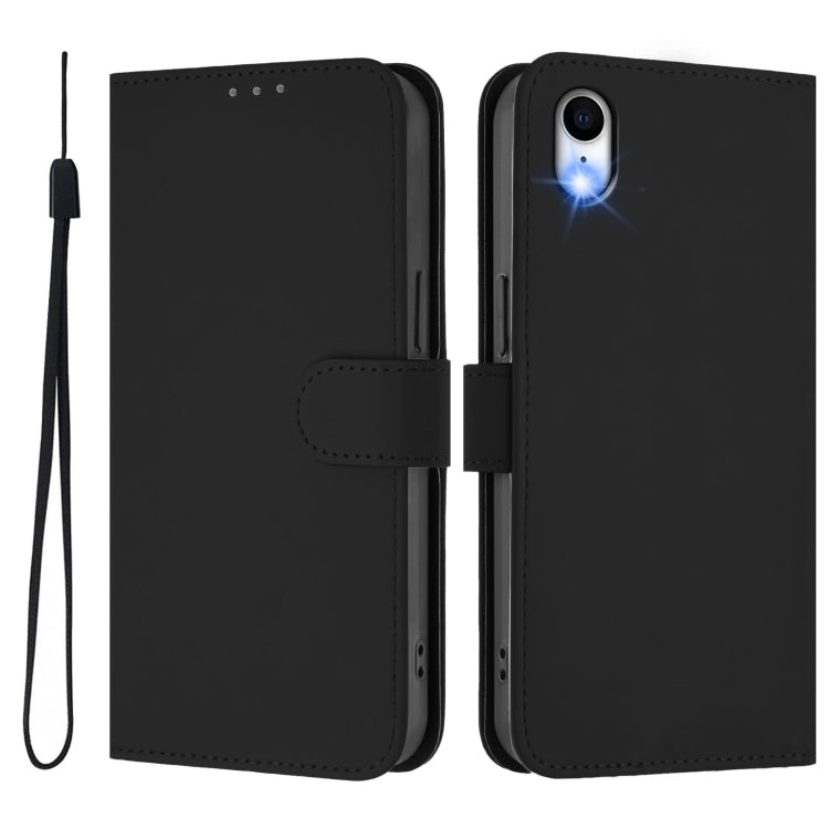 For iPhone XR Skin Feel Solid Color Leather Phone Case with Lanyard