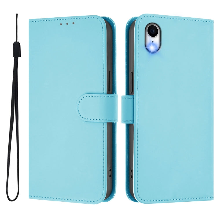 For iPhone XR Skin Feel Solid Color Leather Phone Case with Lanyard