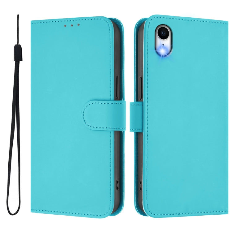 For iPhone XR Skin Feel Solid Color Leather Phone Case with Lanyard