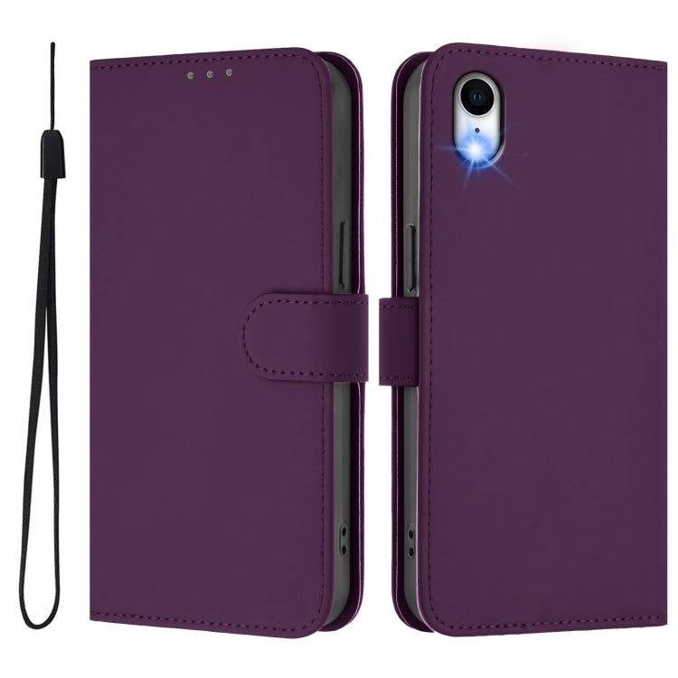For iPhone XR Skin Feel Solid Color Leather Phone Case with Lanyard