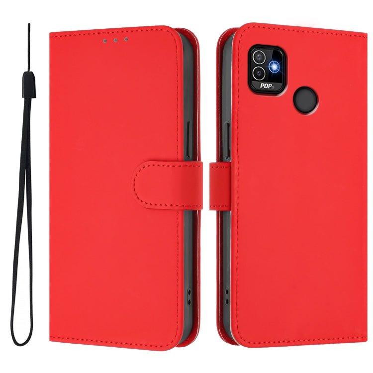 For Tecno Pop 5 Skin Feel Solid Color Leather Phone Case with Lanyard