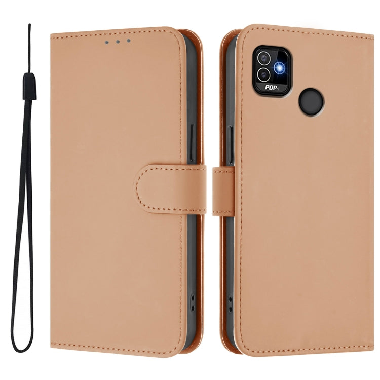 For Tecno Pop 5 Skin Feel Solid Color Leather Phone Case with Lanyard