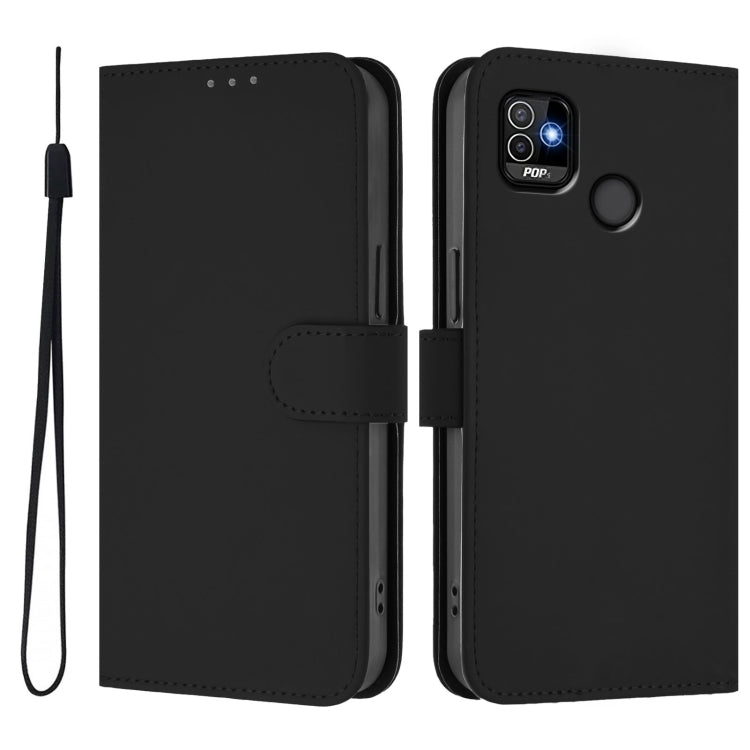 For Tecno Pop 5 Skin Feel Solid Color Leather Phone Case with Lanyard