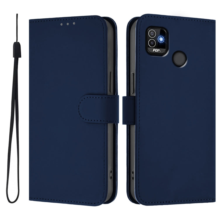 For Tecno Pop 5 Skin Feel Solid Color Leather Phone Case with Lanyard