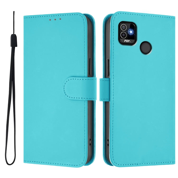 For Tecno Pop 5 Skin Feel Solid Color Leather Phone Case with Lanyard