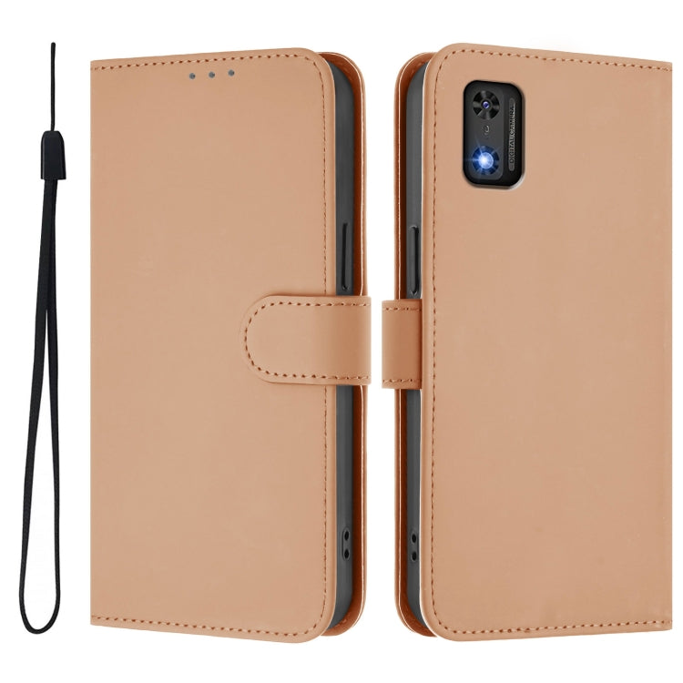 For Tecno Pop 6C Skin Feel Solid Color Leather Phone Case with Lanyard
