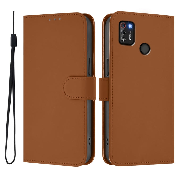 For Tecno Pop 4 Pro Skin Feel Solid Color Leather Phone Case with Lanyard