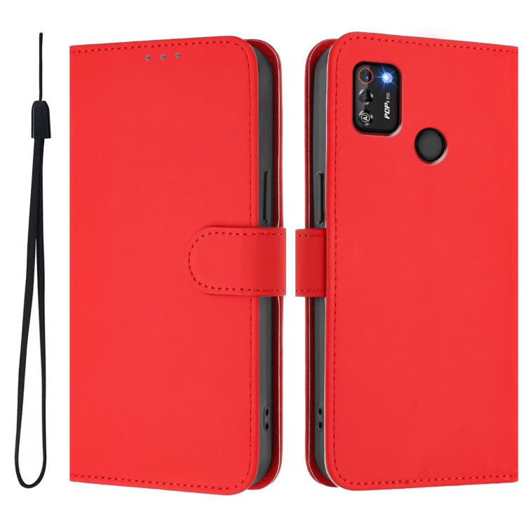 For Tecno Pop 4 Pro Skin Feel Solid Color Leather Phone Case with Lanyard
