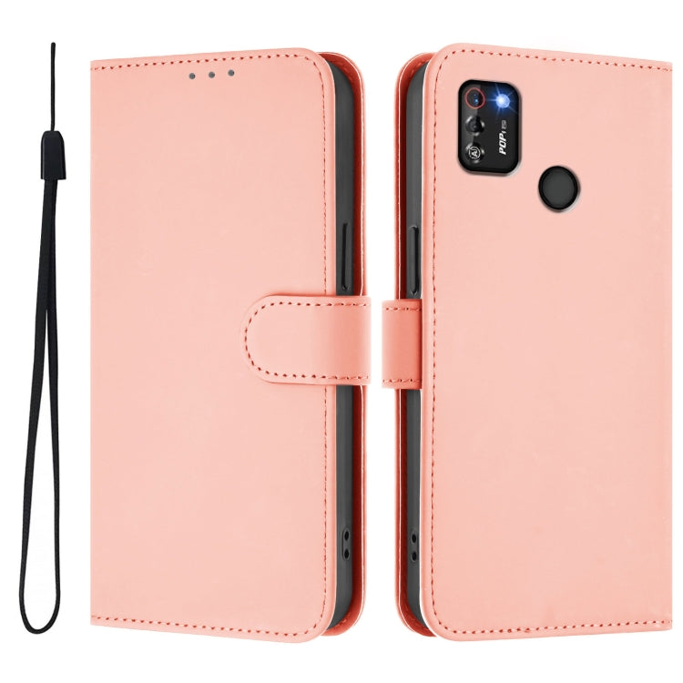 For Tecno Pop 4 Pro Skin Feel Solid Color Leather Phone Case with Lanyard