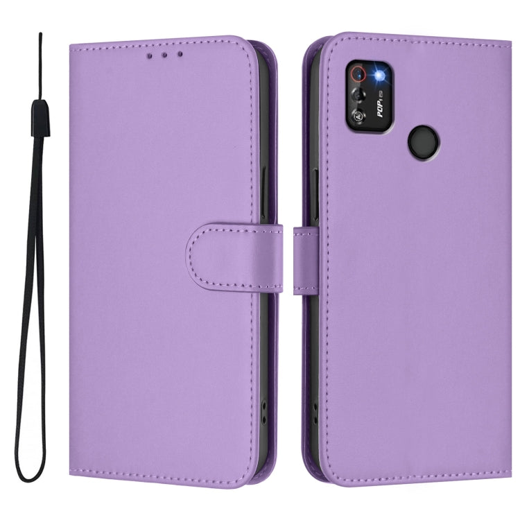 For Tecno Pop 4 Pro Skin Feel Solid Color Leather Phone Case with Lanyard