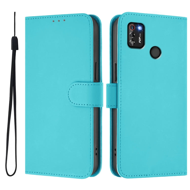 For Tecno Pop 4 Pro Skin Feel Solid Color Leather Phone Case with Lanyard