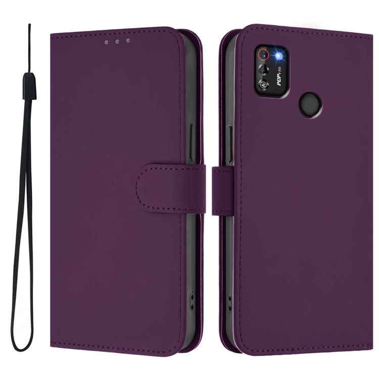 For Tecno Pop 4 Pro Skin Feel Solid Color Leather Phone Case with Lanyard