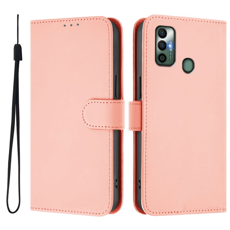 For Tecno Spark 7 / 7T Skin Feel Solid Color Leather Phone Case with Lanyard