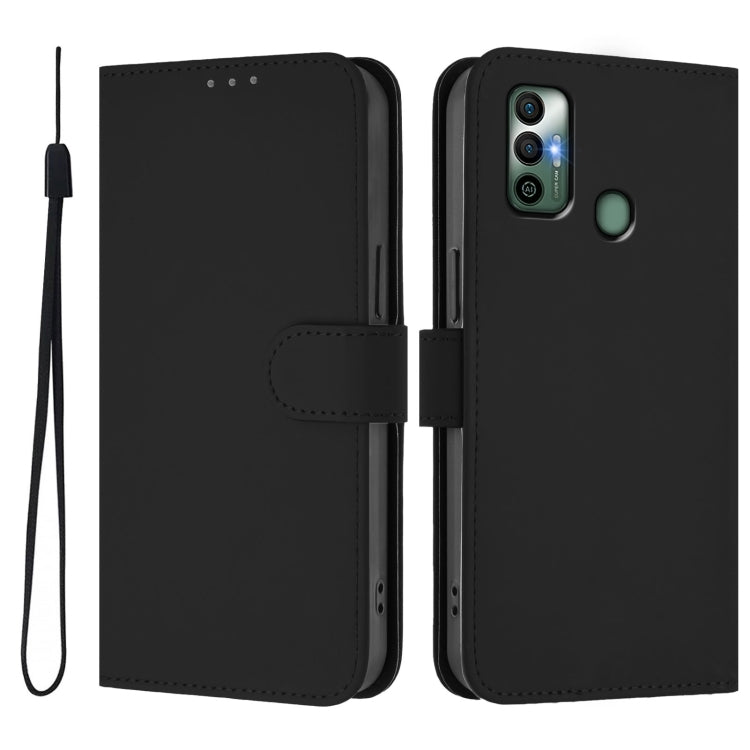 For Tecno Spark 7 / 7T Skin Feel Solid Color Leather Phone Case with Lanyard