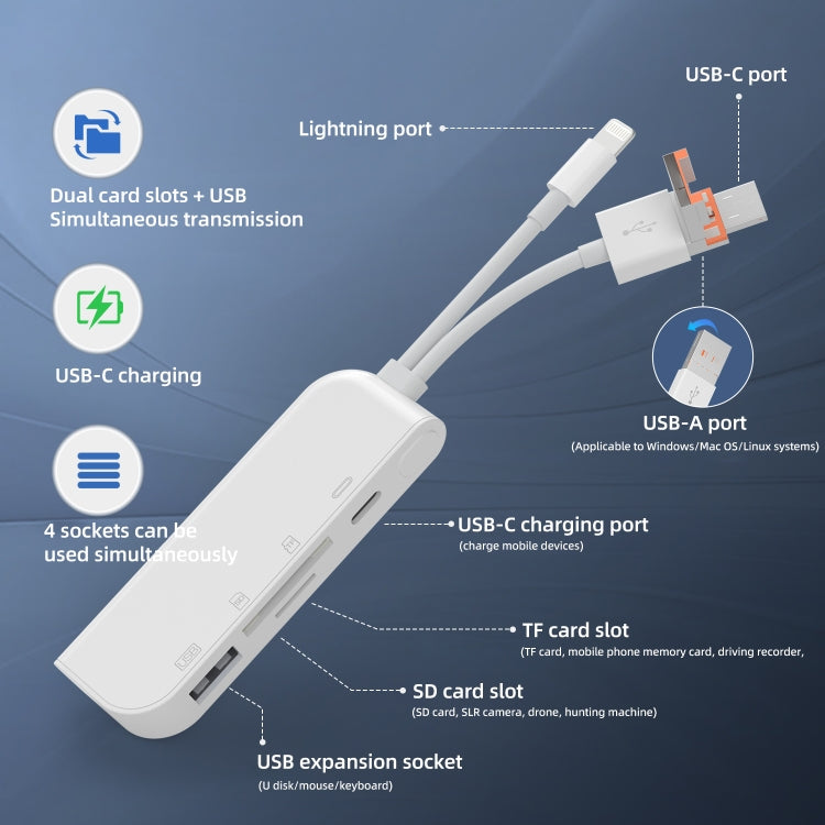 NK-9109TL Pro USB-C / Type-C, 8 Pin, USB to USB-C / Type-C, USB, TF / SD Card Multi-function Adapter - White