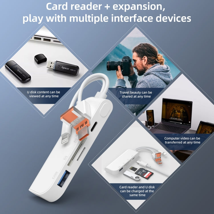 NK-9109TL Pro USB-C / Type-C, 8 Pin, USB to USB-C / Type-C, USB, TF / SD Card Multi-function Adapter - White