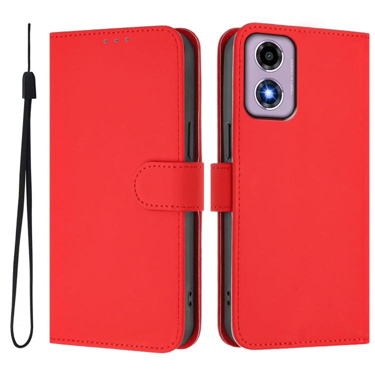 For Motorola Moto E14 / G04 4G Skin Feel Solid Color Leather Phone Case with Lanyard