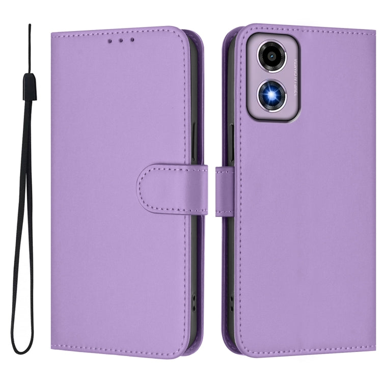 For Motorola Moto E14 / G04 4G Skin Feel Solid Color Leather Phone Case with Lanyard