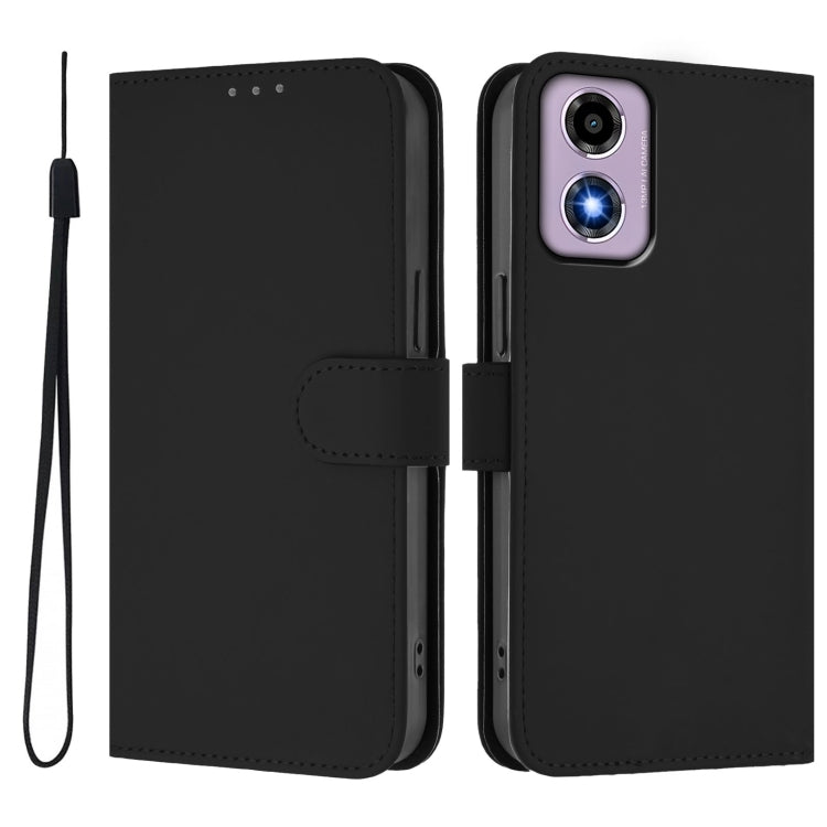 For Motorola Moto E14 / G04 4G Skin Feel Solid Color Leather Phone Case with Lanyard