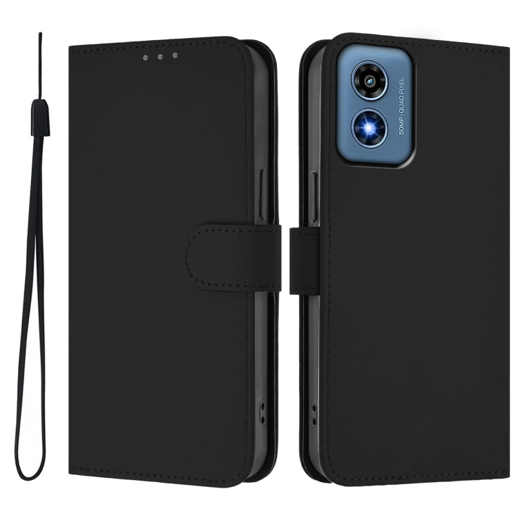 For Motorola Moto G Play 4G 2024 Global Skin Feel Solid Color Leather Phone Case with Lanyard