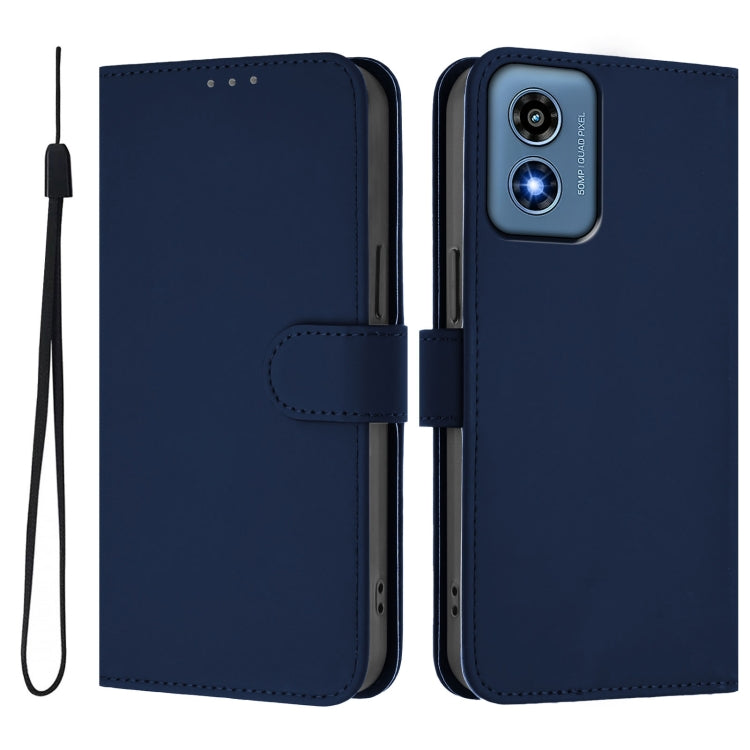 For Motorola Moto G Play 4G 2024 Global Skin Feel Solid Color Leather Phone Case with Lanyard